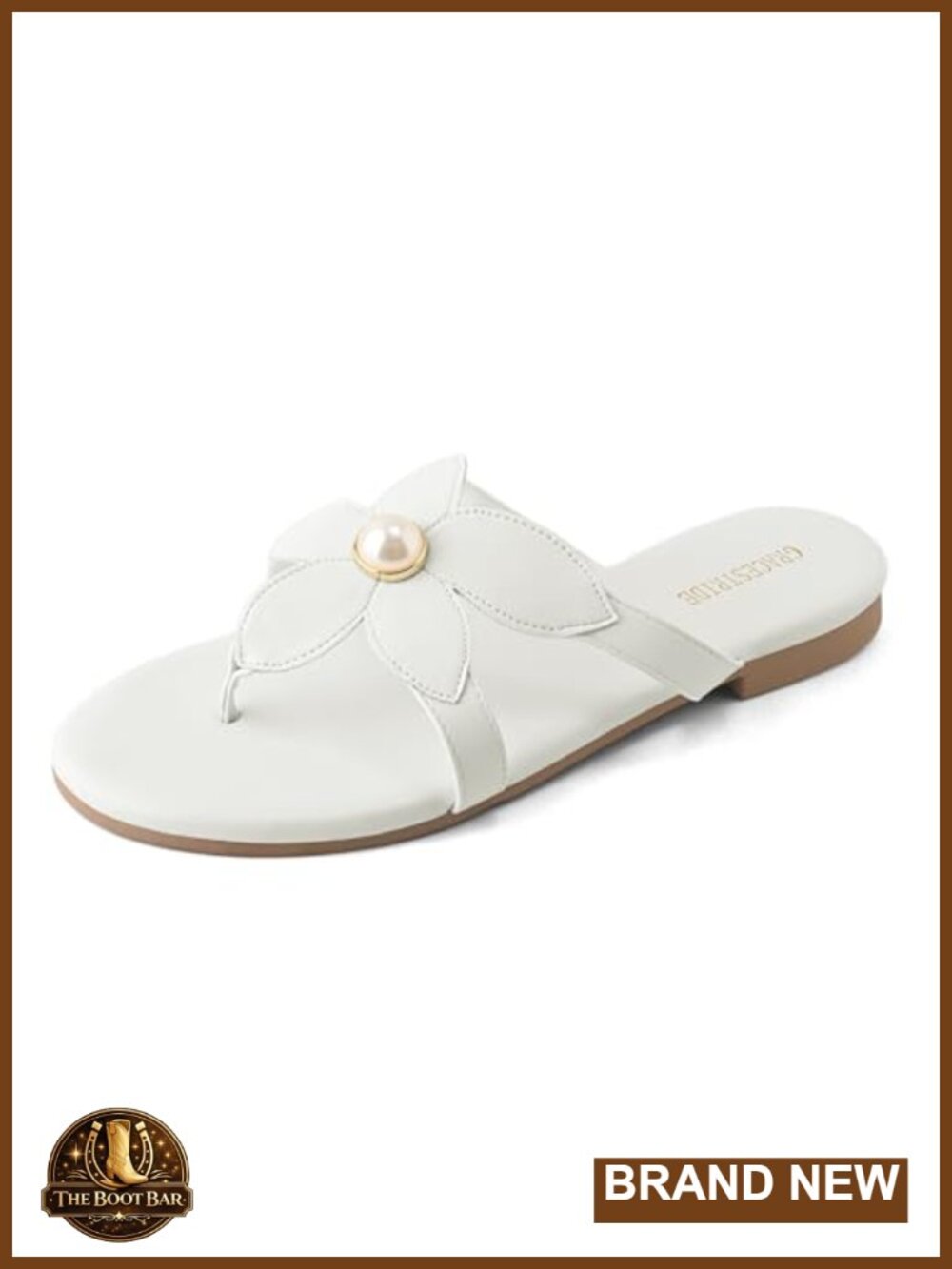 Faux Leather Flat Sandals with Pearl Flower Slide